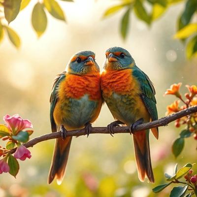 The primary subject of the image is two birds sitting on a branch. They are facing each other, possibly engaging in a conversation or displaying affection. The setting is a natural environment, with the birds perched on a tree branch. The visual style of the image is a photo, capturing the birds in their natural habitat. The colors and mood of the image are warm and inviting, with the birds' vibrant colors and the sunlight creating a pleasant atmosphere.